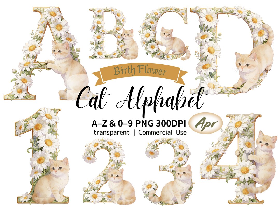 April Birth Flower Daisy & Kitten Decorative Alphabet + Numbers ...