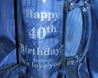 Etched 25th beer mug, engraved beer mug, etched glass mug, engraved glass mug, etched 40th beer mug, engraved 21st beer mug, etched 50th mug