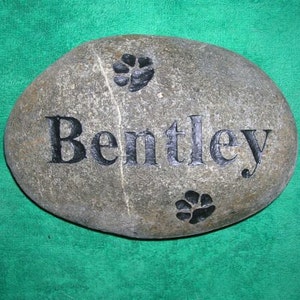 May include: A gray stone with the name "Bentley" engraved on it. Two black paw prints are also engraved on the stone.