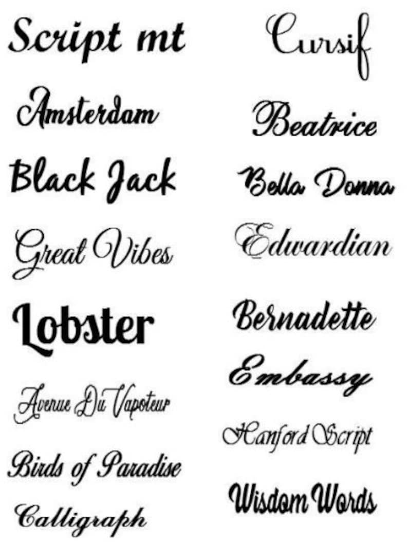 K&ouml;nnte beinhalten: Eine Sammlung von kursiven Schriftarten, darunter Script mt, Cursif, Amsterdam, Beatrice, Black Jack, Bella Donna, Great Vibes, Edwardian, Lobster, Bernadette, Embassy, Avenue Du Vapoteur, Hanford Script, Birds of Paradise, Wisdom Words und Calligraph.