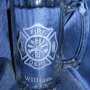 Etched fireman beer mug, engraved beer mug, etched glass mug, engraved glass mug, engraved 21st 40th 50th beer mug, etched 50th mug image 1