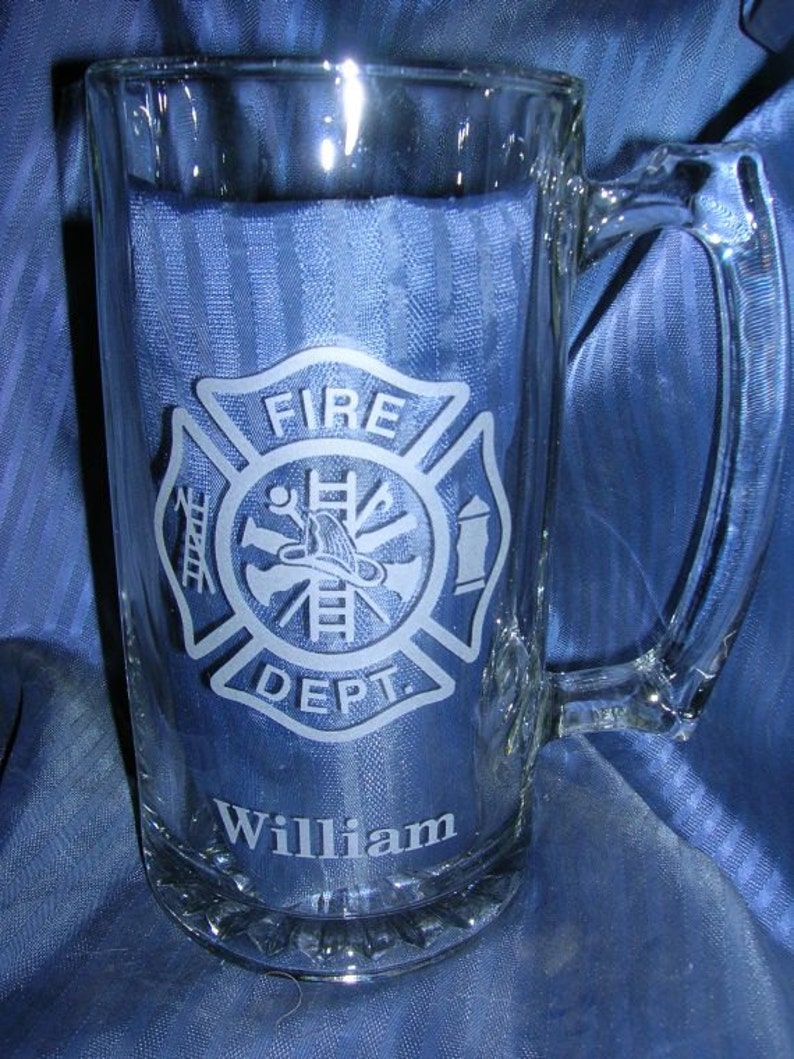 Etched fireman beer mug, engraved beer mug, etched glass mug, engraved glass mug, engraved 21st 40th 50th beer mug, etched 50th mug image 1