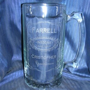 Etched glass mug, groomsman mug, beer mug, wedding glass, anniversary glass, custom glass mug, personalized glass mug image 1