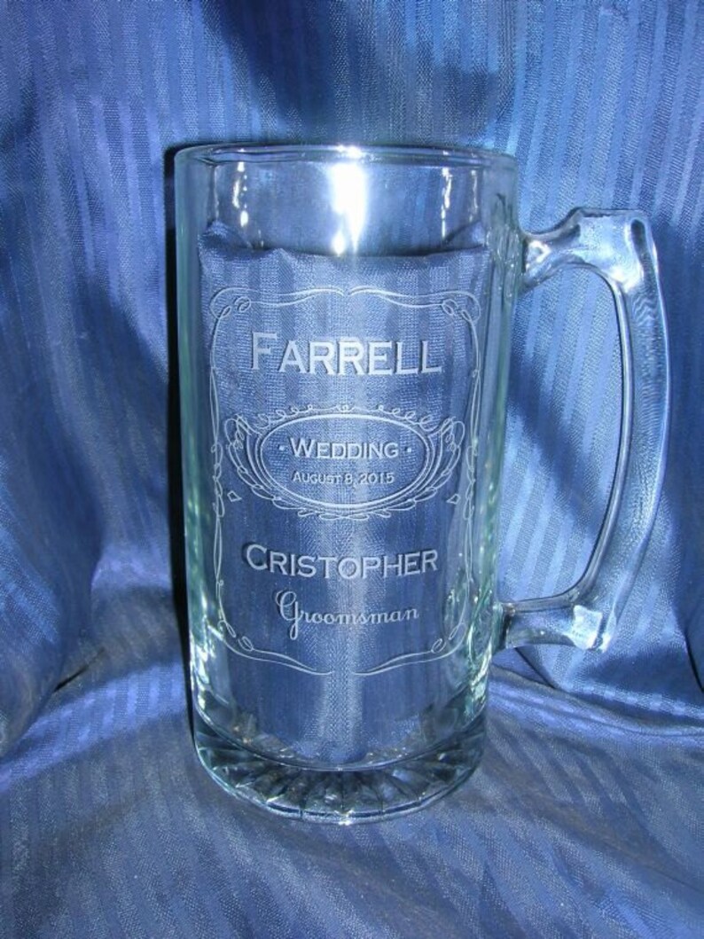 Etched glass mug, groomsman mug, beer mug, wedding glass, anniversary glass, custom glass mug, personalized glass mug image 1