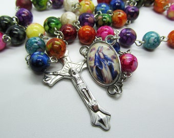 Rosary, Our Lady Queen of Peace, Muilti-color, plastic 8mm bead Rosary, Traditional 5 decade rosary, Blessed Virgin Mary center