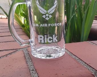 Etched us airforce glass mug, engraved us airforce glass mug, etched us airforce beer mug, engraved us airforce beer mug