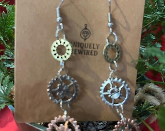 Steampunk Silver and Copper Gear Earrings