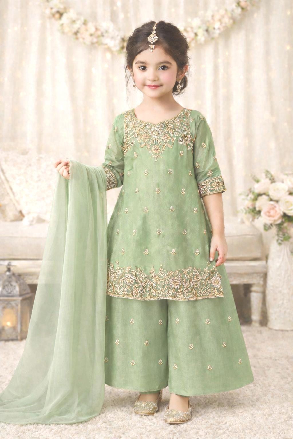green emerald velvet dress Pista Green Silk Kurta Palazo Set main image 0