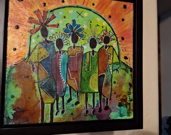 The Gathering: Mixed Media Painting, Figuren vor den Sternen (12x12)