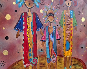 Original Acrylgemälde: Drei Figuren im goldenen Wirbel, kosmischer Wüstenhimmel, fertig zum Aufhängen