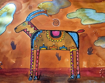 CANYON SPIRIT - Südwest-Steinbock Volkskunst Malerei: Mixed-Media, gerahmt Original Wandkunst