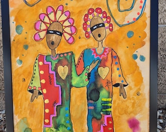 Heiliges Paar Mixed Media Malerei: Figuren, Herzen, Petroglyphen (12x18)