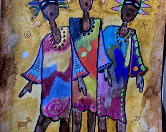 Original Mixed Media Gemälde: Drei Figuren in Regalia, südwestliche Volkskunst, fertig gerahmt, fertig zum Aufhängen
