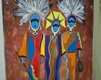 THREE CHEIFS -Indigene Häuptlinge Gemälde | Zeitgenössische Volkskunst, 24" x 36" Leinwand