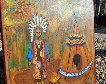 Der Herbst naht – Südwestliche Volkskunstmalerei: Tipi, Zeremonienfigur, Acryl auf Leinwand