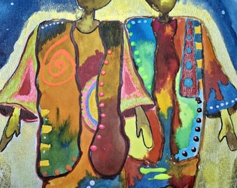 Stargazers Mixed Media Painting: Zeremonielle Figuren, goldener Mond, indigoblauer Himmel