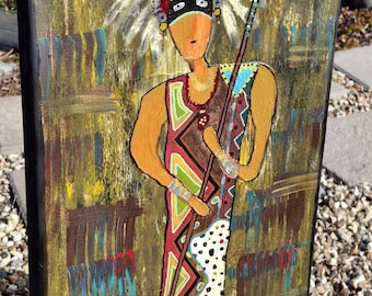 DER WÄCHTER Original Acrylgemälde: Zeremonialfigur, 3D Malerei, 30cm x 92cm