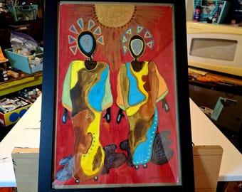 TWO SOULS - Modernes primitives Bild: Androgyne Besucher, Acrylfarbe in Aquarell