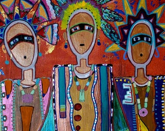 Bauernmalerei: Zeremonialfiguren, Blattgold, texturierte Kakteen (70x100cm)