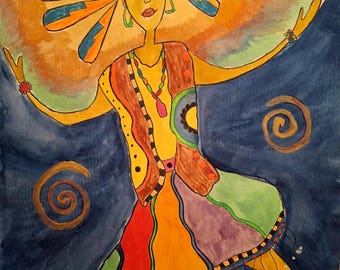 Original Mixed Media Gemälde: Tanzende Königin, lebendige Volkskunst, 30 cm x 45 cm