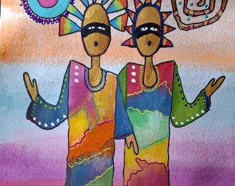 Original Mixed Media Folk Art Print: Zeremonienfiguren im Southwest Style, Barbara Ann Holman