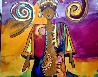 She Rises Mixed Media Painting: Southwesterns Folk Art, zeremonielle Figur, gerahmt 12x18