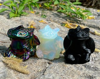 Figura de dragón Desdentado tallada a mano de 6 cm / Estatua de Furia Nocturna en opalita, obsidiana y cristal galvanizado