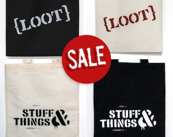 SALE Stoffbeutel „Stuff & Things“, "Loot", Jutebeutel naturfarben oder schwarz, Baumwolle, Siebdruck, lange Henkel