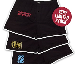 Boxer Shorts Men Underwear, Naughty Bits, May Contain Traces of Nuts, Captain Hammer, Funny Screenprint Undies