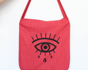 Eye Tote Bag, All-Seeing Eye, Geometric Eye, 100% recycled red fabric, one long handle, great for groceries