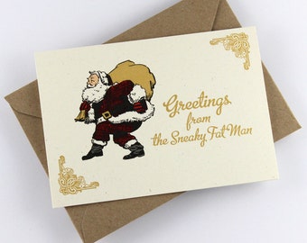 Funny Santa Claus Card "Sneaky Fat Man", Vintage Style Holidays Card, Christmas Card, Gold Print