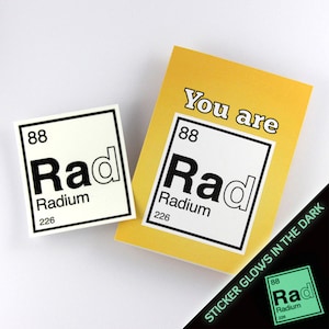 Valentijnskaart, Chemiekaart, You are Rad-kaart, vriendschapskaart periodiek systeem, met verwijderbare glow-in-the-dark sticker