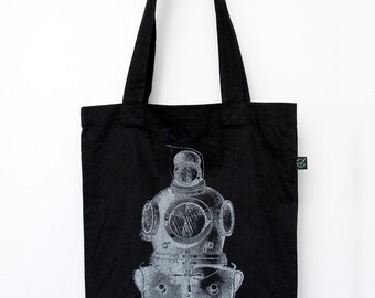 Deep Sea Diver Black Cotton Tote Bag, Organic, Eco-friendly & Fair Trade, Silver Screenprint, with Gusset, Vintage Illustration