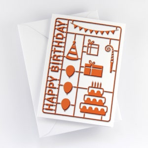 Geburtstagskarte „Birthday Party Model Kit" Druck orange