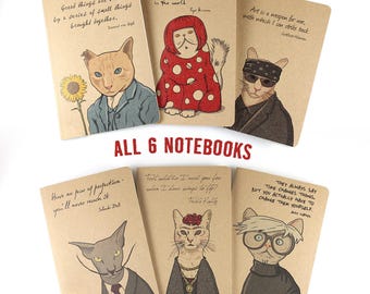Cat Notebooks, 6 Sophisticats Notebooks, Artist Notebooks, Pencil included