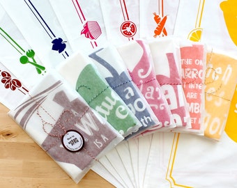 7 Tea Towels, 7 Screen printed Kitchen Towels, 7 Funny Cotton Tea Towels