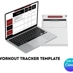 May include: A laptop displaying a workout tracker template with sections for exercises, sets, reps, and rest time. A notebook is next to the laptop. The text "WORKOUT TRACKER TEMPLATE" is at the bottom, with a "Edit in Canva" logo.