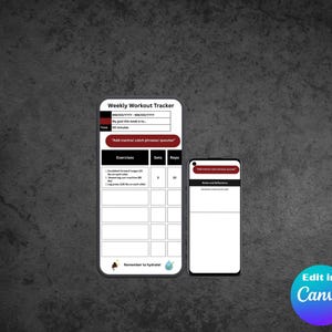 May include: Two smartphones displaying a weekly workout tracker. The larger phone shows exercise details, sets, and reps. The smaller phone displays a section for notes and reflections. The background is a textured gray.