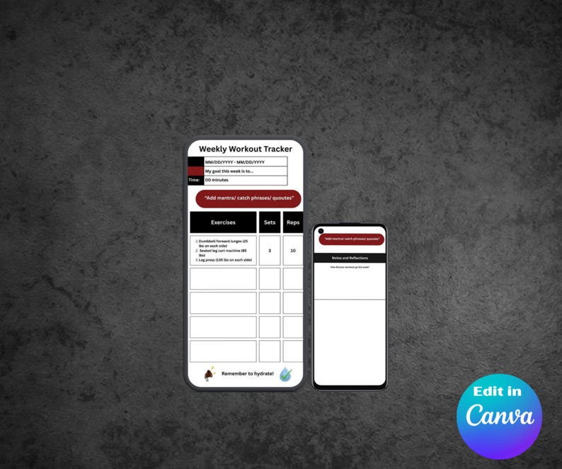 May include: Two smartphones displaying a weekly workout tracker. The larger phone shows exercise details, sets, and reps. The smaller phone displays a section for notes and reflections. The background is a textured gray.