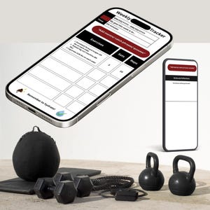 May include: A fitness-themed image featuring a smartphone displaying a weekly workout tracker. The screen shows exercise details, sets, and reps. Other fitness equipment includes dumbbells, kettlebells, a medicine ball, and a jump rope. The text "Remember to hydrate!" is visible.
