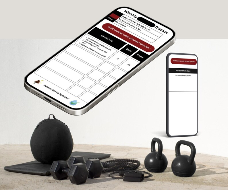 May include: A fitness-themed image featuring a smartphone displaying a weekly workout tracker. The screen shows exercise details, sets, and reps. Other fitness equipment includes dumbbells, kettlebells, a medicine ball, and a jump rope. The text "Remember to hydrate!" is visible.