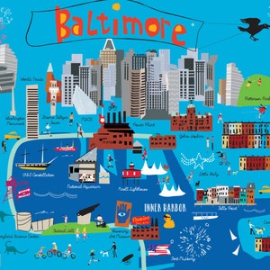 Puede incluir: Un mapa ilustrado colorido de Baltimore, Maryland, con puntos de referencia e interés. El mapa tiene un fondo azul con acentos rojos, amarillos, verdes y blancos. El texto "Baltimore" está escrito en rojo en la parte superior del mapa. El mapa incluye puntos de referencia como el Acuario Nacional, el Puerto Interior y el USS Constellation.