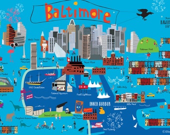 Original Funky Baltimore Poster Map print full of fun and laughs. I love the city of Baltimore! Illustrated Map