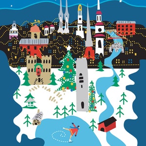 Die Winterferien in Friedrich, Maryland Druck. Lustige primitive Wandkunst.