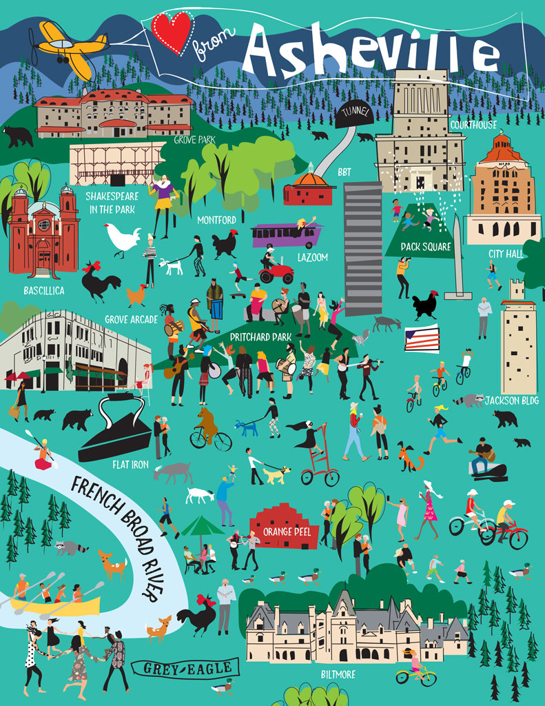 Illustrated Asheville, NC Map Poster Illustrated Map Etsy