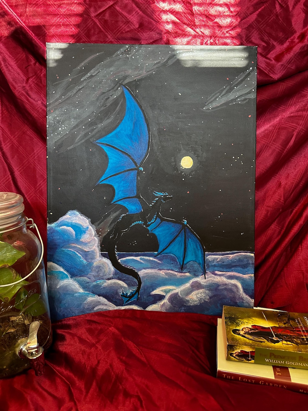 Blue Moon Dragon Fantasy Wall Art Print, Flying Above Clouds Night ...