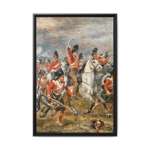 May include: A framed painting depicts a historical battle scene. Soldiers in red coats and black hats on horseback charge forward, swords raised. The artwork has a dramatic, dynamic composition with a cloudy sky background.