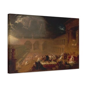 May include: A canvas print of a dramatic painting depicting a large gathering in a classical architectural setting. The scene is illuminated by a celestial light, with figures in period attire. The artwork features a dark, moody sky.