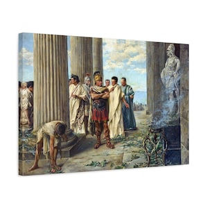 May include: A canvas print of a classical painting depicting a scene with Roman figures. The artwork features a group of men in togas and armor, standing near large columns. A statue is visible in the background, and a person is tending to a fire.
