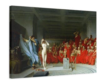 Può includere: Un dipinto a olio classico che raffigura una figura nuda in piedi in una grande sala davanti a un'assemblea di uomini seduti con vesti rosse. A sinistra, una figura con un mantello blu solleva un tessuto, mentre una piccola statua dorata è posta.